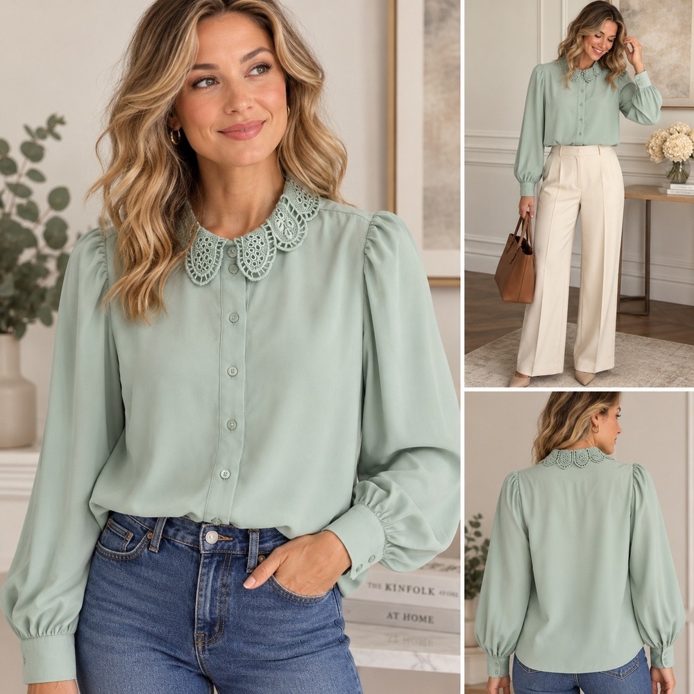 Ann Taylor Womens L Lace Collar Blouson Sleeve Shirt Mint Green Romantic Blouse